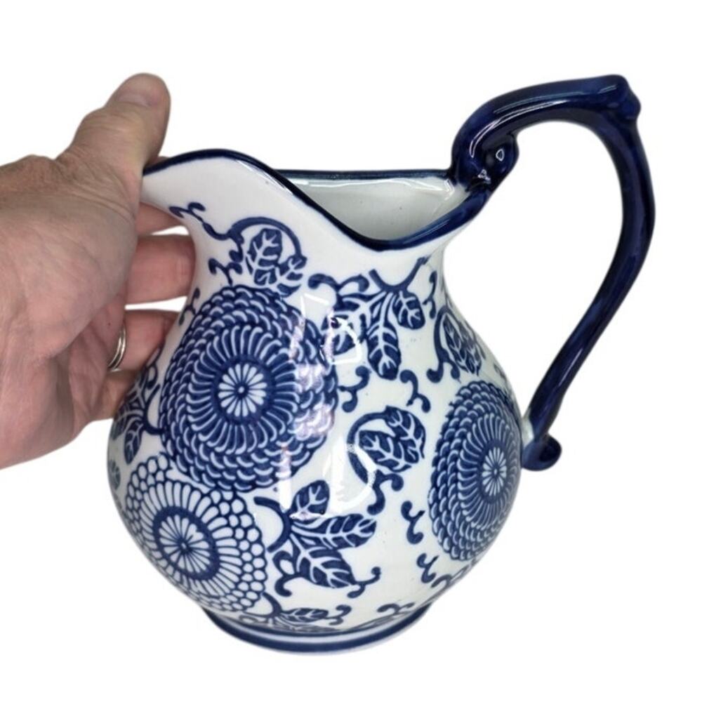 Blue White Chinoiserie Ceramic Wall Pocket Pitcher Vase Floral Wall Decor